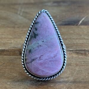 Vintage Style Genuine Rhodonite Quartz Gemstone Ring Size 6 Silver Plated Boho